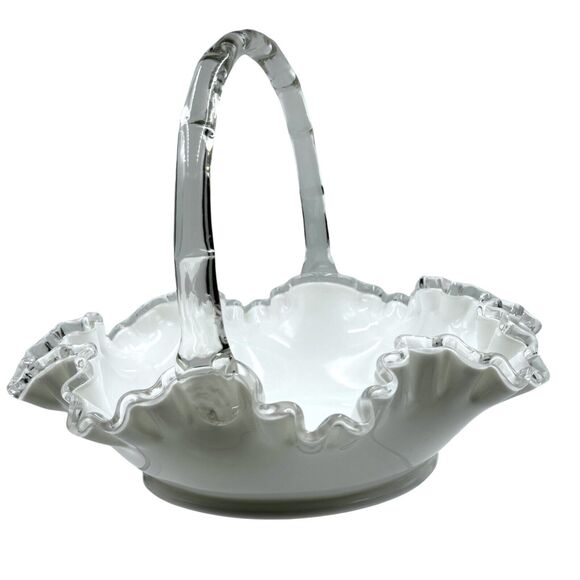 Vintage Fenton Silver Crest Bridal Basket White Ruffled Clear Edges Handle Large - Picture 1 of 16